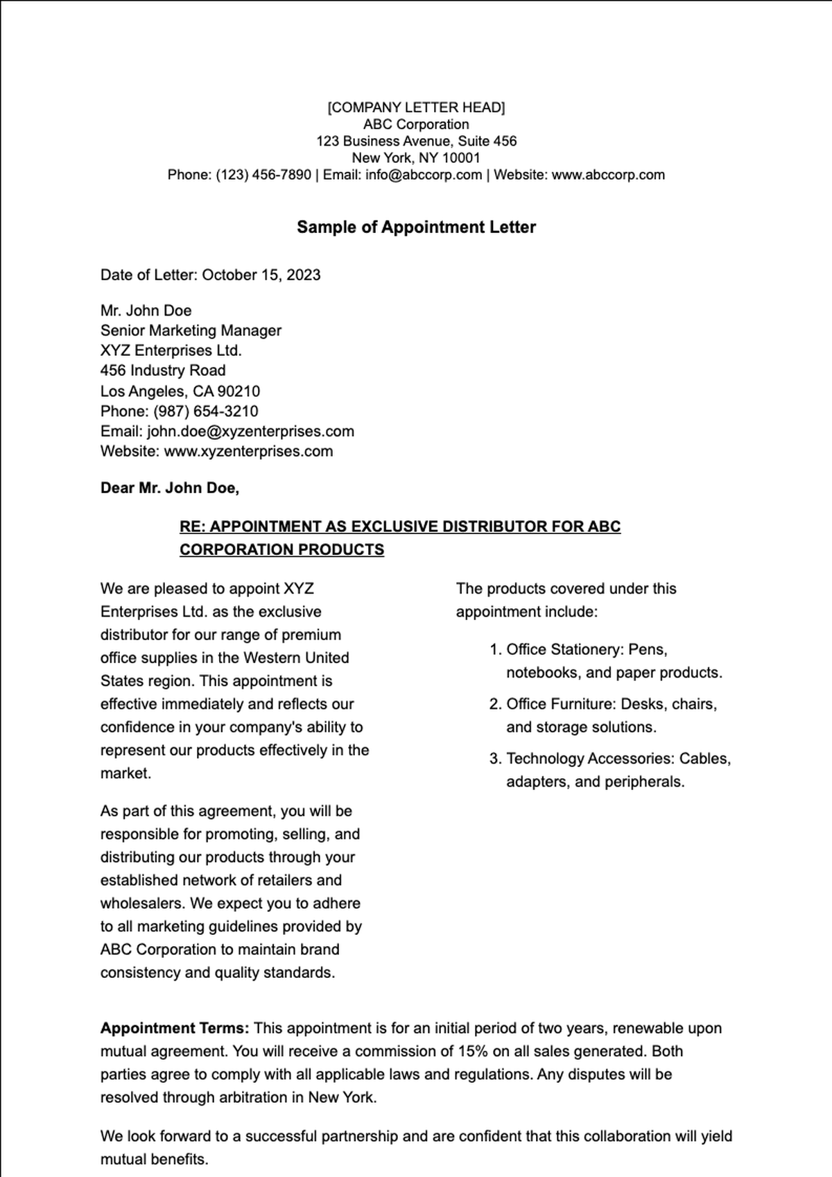 Formal business appointment letter template with company letterhead and agent designation_variant_1